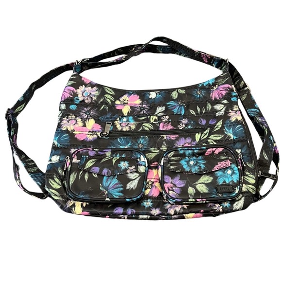 lug Handbags - LUG Zipliner Convertible Hobo Bag Bloom Black Floral Purse Travel Shoulder Bag
